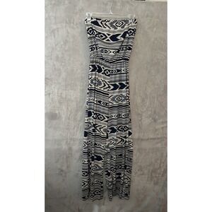 A'GACI Strapless‎ Jumpsuit Size M Blue Ivory Tribal Print Wide Leg Boho Lounge